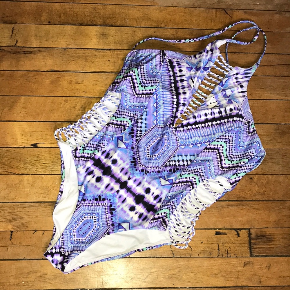 Red Carter Purple Patterned One Piece Swimsuit Lattice Sides Women Size L